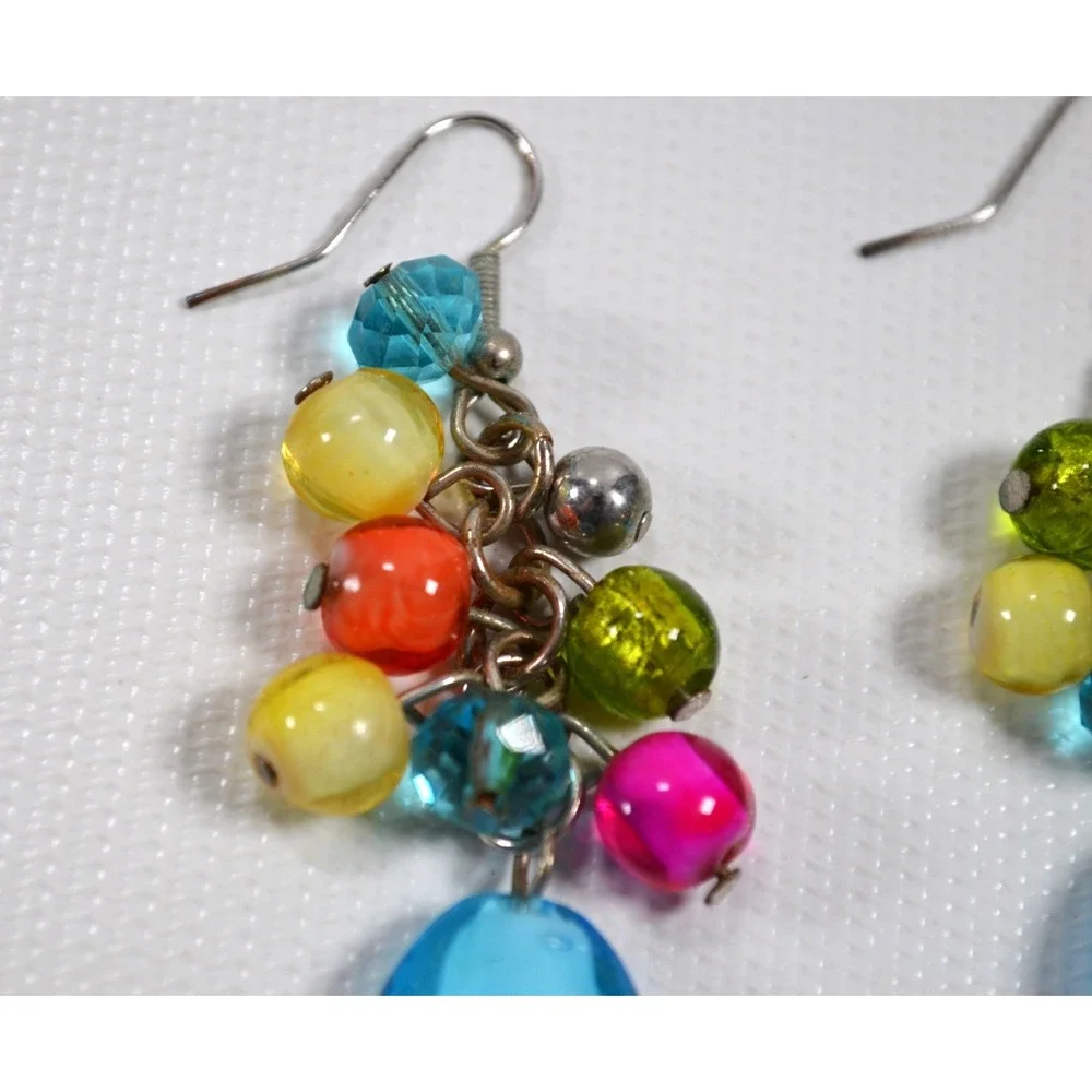 Silver Tone Hook Pierced Earrings Multi Color Glass & Plastic‎ Beads 2.5